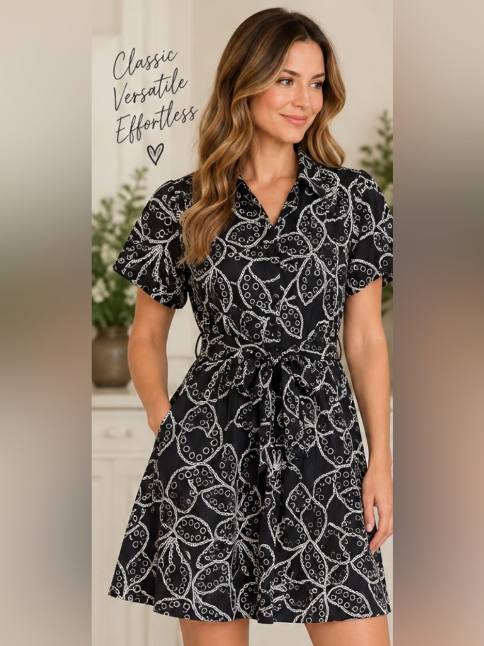 Sam Edelman Black & White Embroidered Belted Shirt Dress – Estimated Size Small